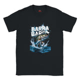 Black t-shirt with a graphic of a fish and 'Barra Barra' text on a white background