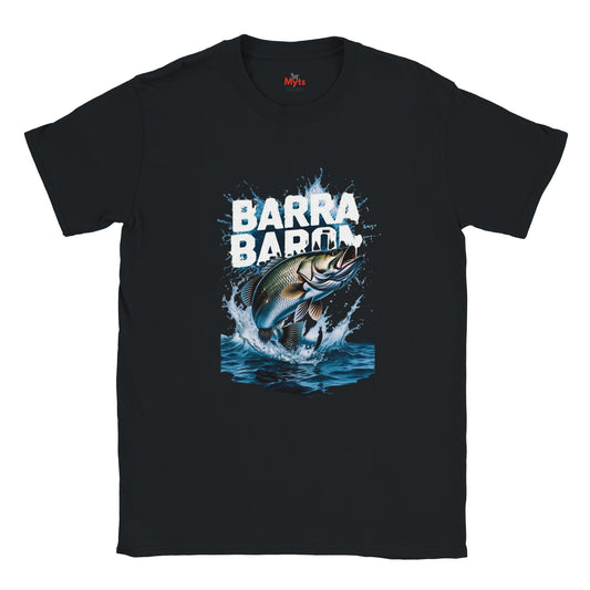 Black t-shirt with a graphic of a fish and 'Barra Barra' text on a white background