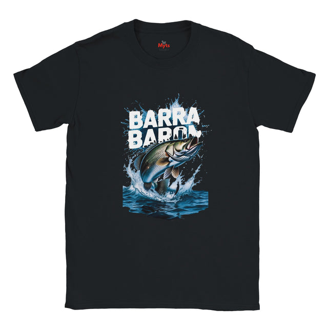 Black t-shirt with a graphic of a fish and 'Barra Barra' text on a white background