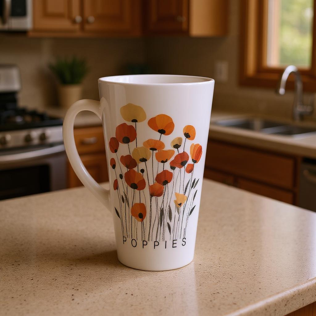 A white ceramic mug with a colorful poppy floral design and the word 'POPPIES' printed on the front, sitting on a beige kitchen countertop with a blurred kitchen background.