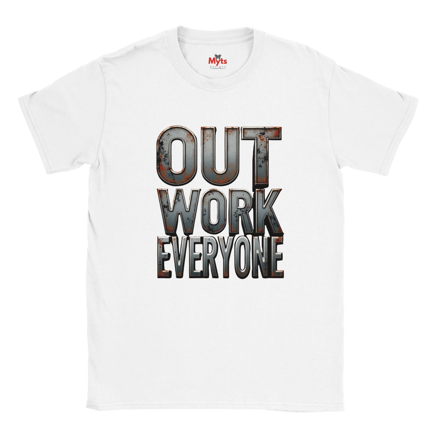White t-shirt with 'OUT WORK EVERYONE' text design on a white background