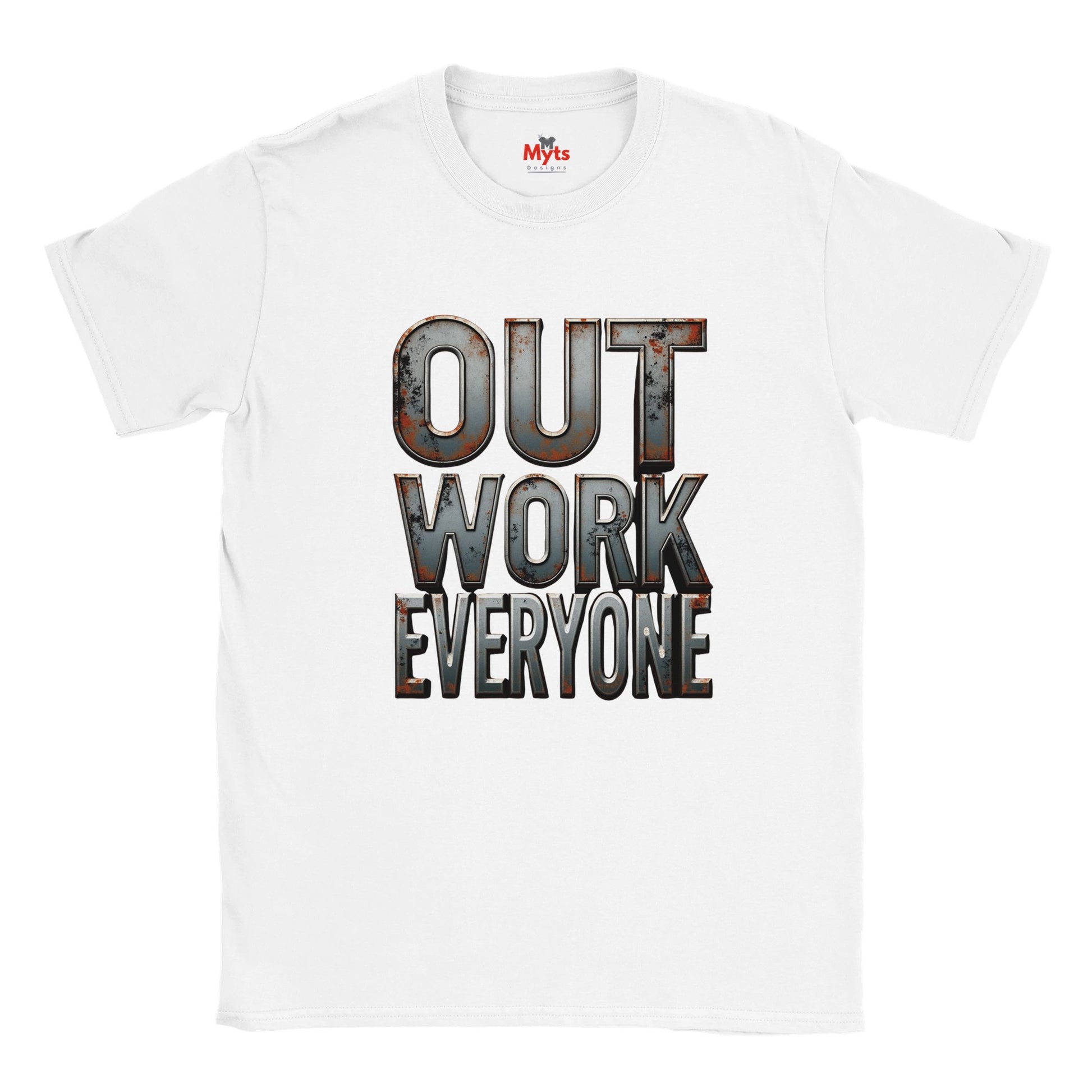White t-shirt with 'OUT WORK EVERYONE' text design on a white background