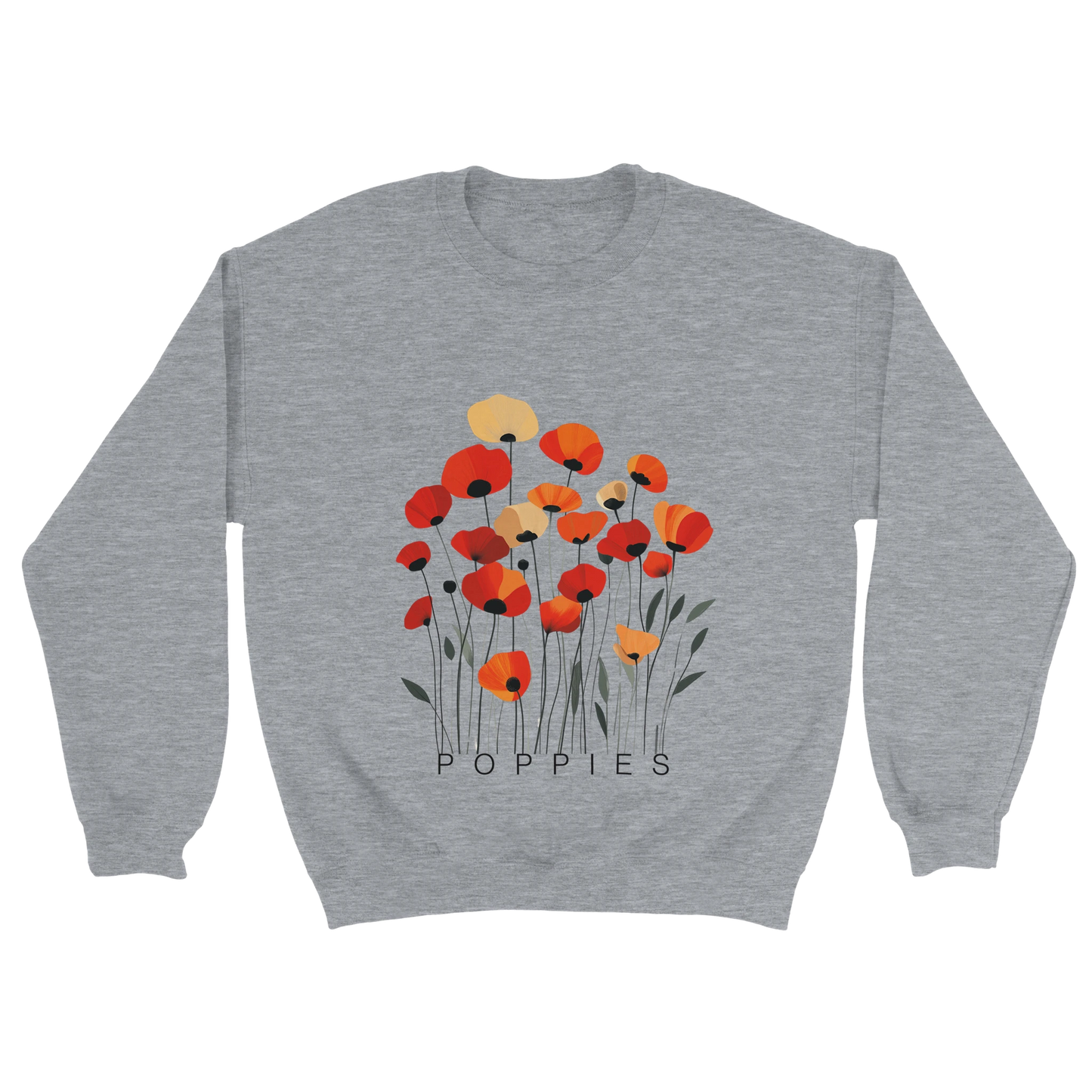 A Grey sweatshirt featuring a minimalist poppy flower design. The graphic displays red, orange, and muted gold poppies with slender stems and leaves, and the word “POPPiES” printed beneath. The cozy, casual outfit has a soft, modern aesthetic ideal for floral and nature-inspired fashion.