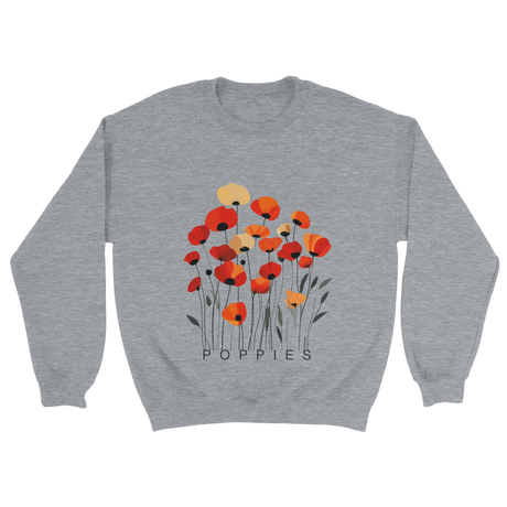 A Grey sweatshirt featuring a minimalist poppy flower design. The graphic displays red, orange, and muted gold poppies with slender stems and leaves, and the word “POPPiES” printed beneath. The cozy, casual outfit has a soft, modern aesthetic ideal for floral and nature-inspired fashion.
