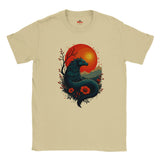 Beige t-shirt with a dragon design featuring a sunset and flowers on a white background