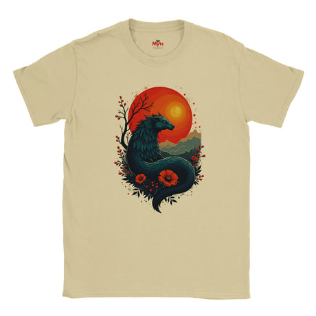 Beige t-shirt with a dragon design featuring a sunset and flowers on a white background