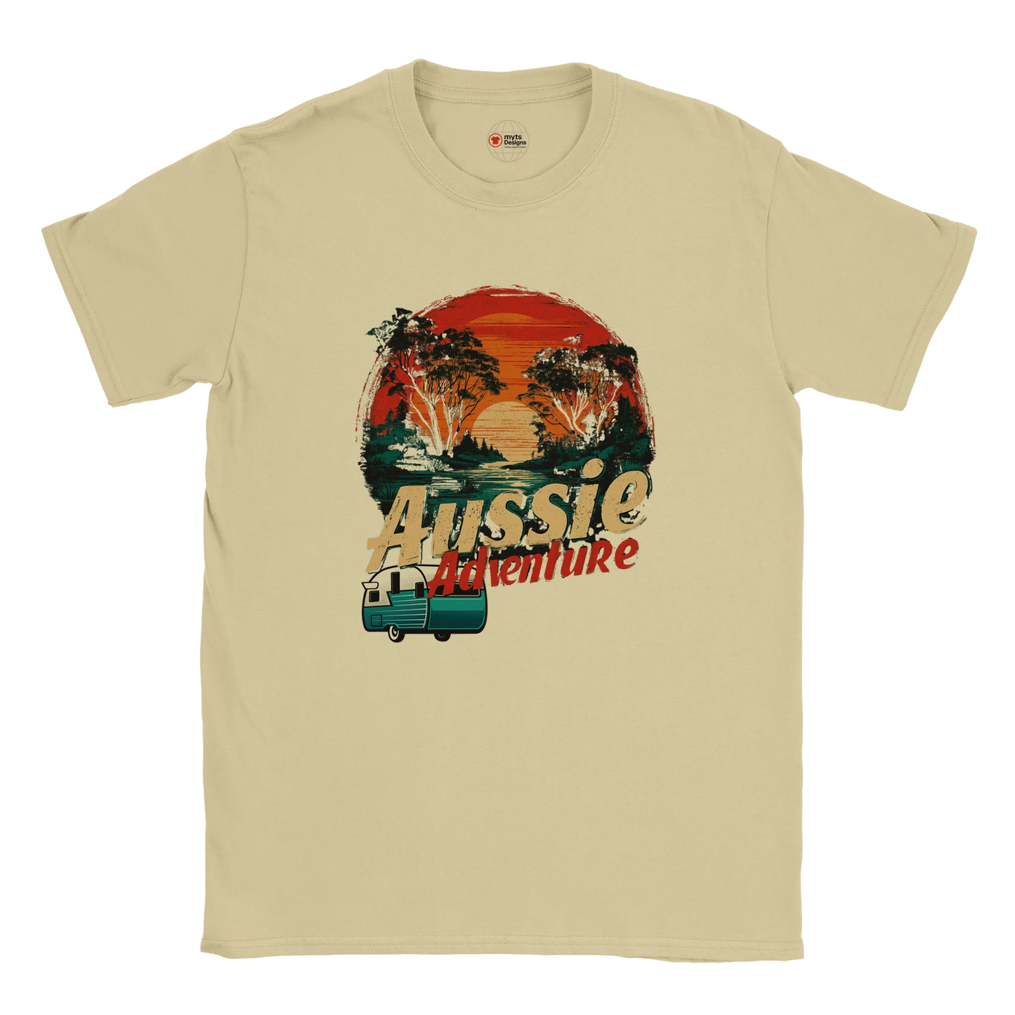 Natural t-shirt with 'Aussie Adventure' graphic design on a white background