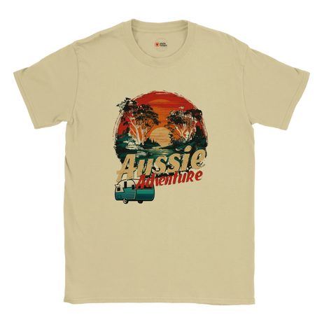 Natural t-shirt with 'Aussie Adventure' graphic design on a white background