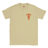 A sand crewneck t-shirt with a small red dragon graphic on the left chest, displayed flat against a white background.