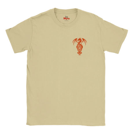 A sand crewneck t-shirt with a small red dragon graphic on the left chest, displayed flat against a white background.