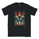 Black crew-neck T-shirt featuring a colourful dolphin butterfly illustration with seashells, coral and starfish.
