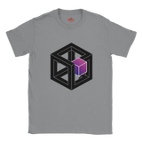 Gray t-shirt with geometric design featuring a purple cube on a white background