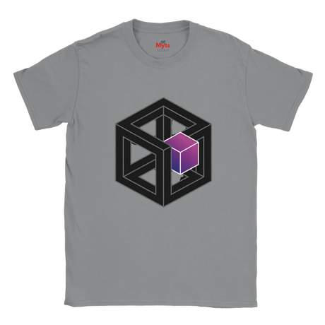 Gray t-shirt with geometric design featuring a purple cube on a white background