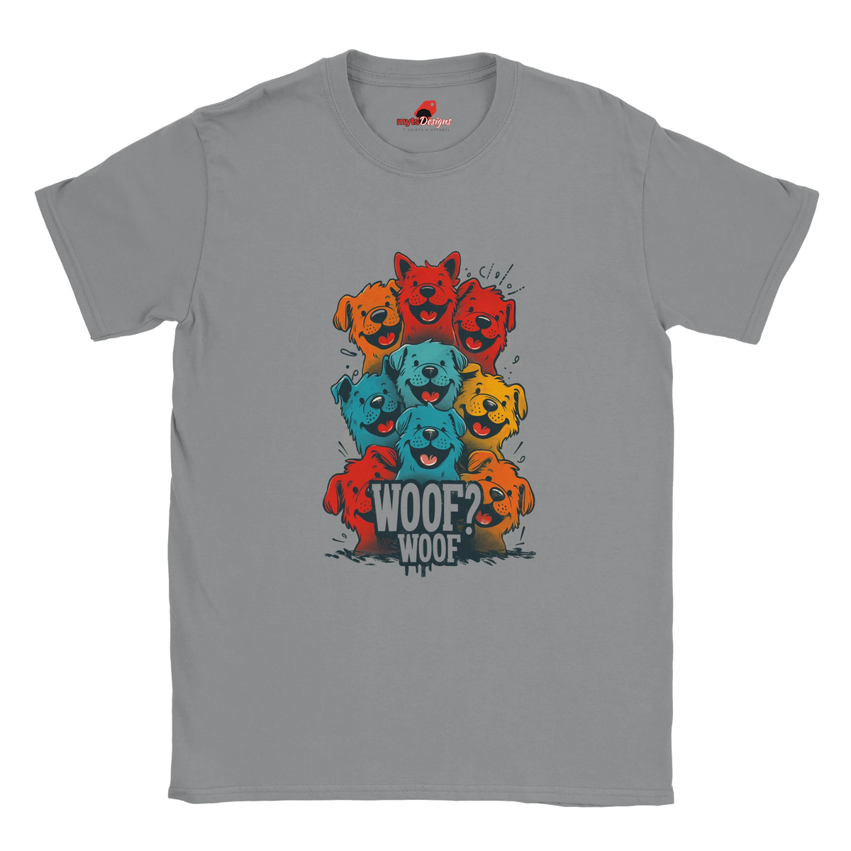 A flat lay sports grey T-shirt featuring a vibrant graphic of cartoon puppies stacked in red, orange, blue, and yellow hues, with the playful text “WOOF? WOOF” below the design.