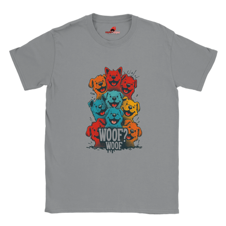 A flat lay sports grey T-shirt featuring a vibrant graphic of cartoon puppies stacked in red, orange, blue, and yellow hues, with the playful text “WOOF? WOOF” below the design.