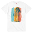 White t-shirt with a colorful palm tree and surfboard design on a white background