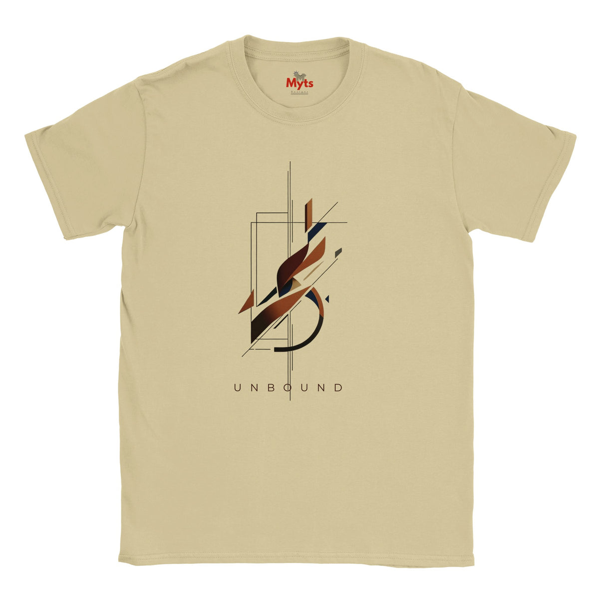 A Sand crewneck t-shirt with a central graphic of a stylized letter 'S' in black, brown, and orange, with the word 'UNBOUND' printed below it. The inner collar shows the red 'Myts' brand logo.