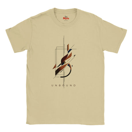 A Sand crewneck t-shirt with a central graphic of a stylized letter 'S' in black, brown, and orange, with the word 'UNBOUND' printed below it. The inner collar shows the red 'Myts' brand logo.