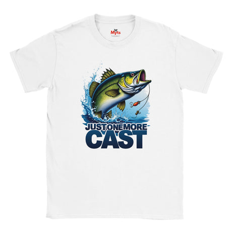 White t-shirt with a fishing graphic and text on a white background