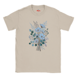 A beige crewneck t-shirt featuring a central graphic of a floral bouquet in shades of light blue, teal, and gray, with a small butterfly motif. The brand name 'Myts' is printed in red on the inside neck label.