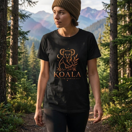 A woman wearing a black graphic t-shirt with a brown koala illustration and the text 'KOALA LIVE GENTLY' stands on a forest path with mountains in the background.