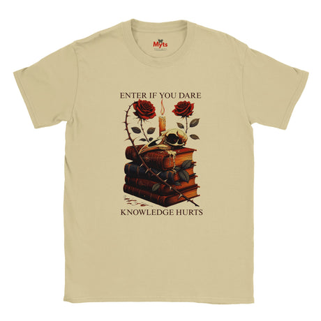 Sand t-shirt with a graphic design of books, roses, and text on a white background