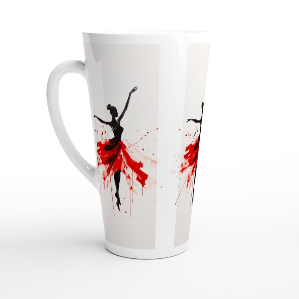 A tall white ceramic latte mug featuring a graphic print of black ballerina silhouettes and red paint splatters on a light gray background.