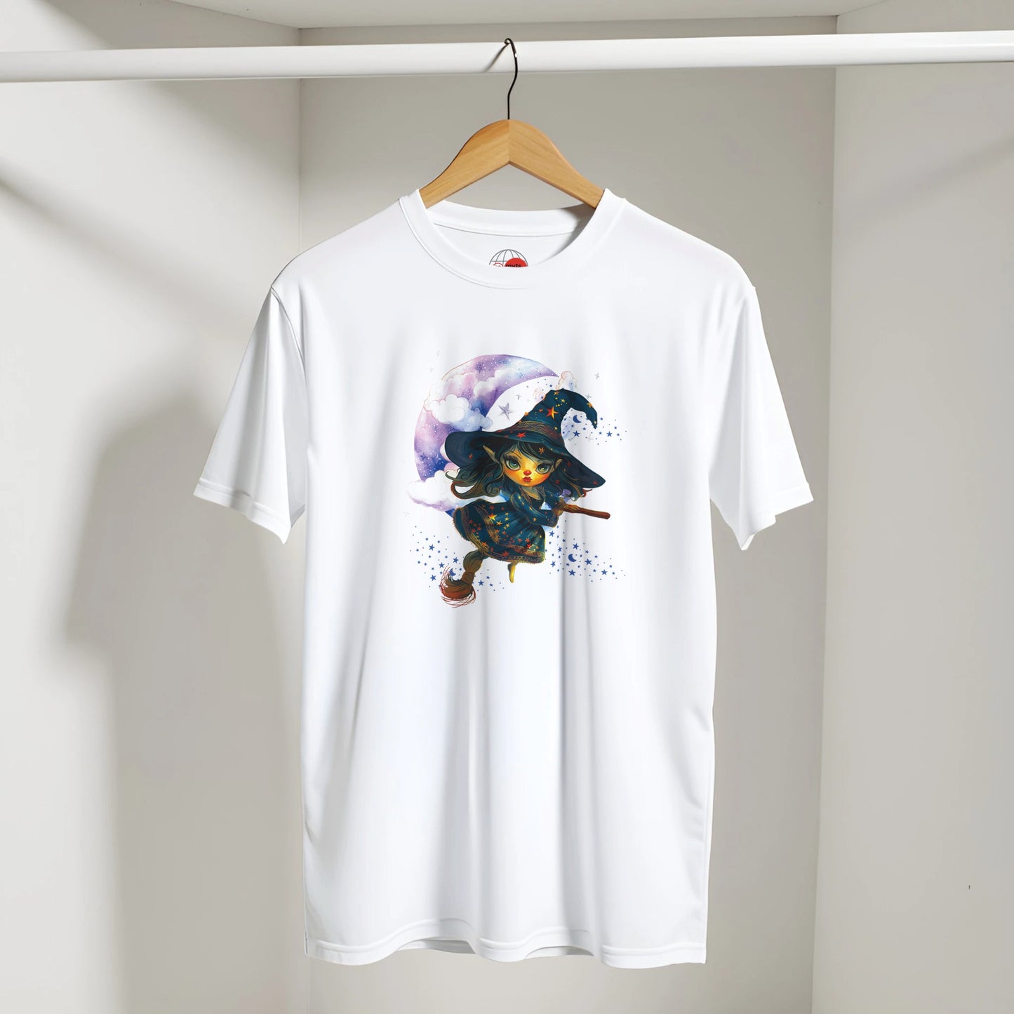 White t-shirt with a colorful graphic of a character on a hanger against a plain background