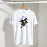 White t-shirt with a colorful graphic of a character on a hanger against a plain background