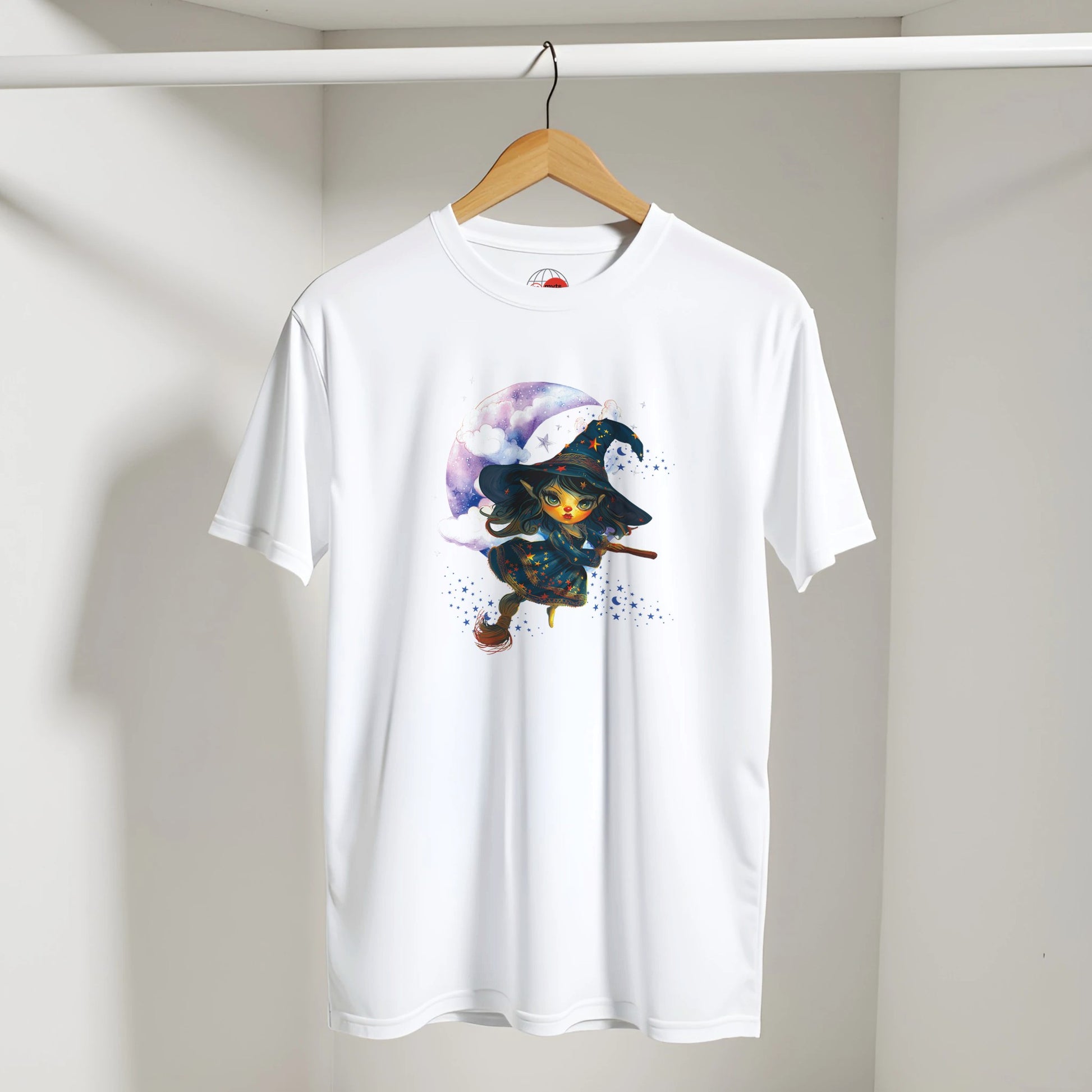 White t-shirt with a colorful graphic of a character on a hanger against a plain background