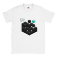 White t-shirt with black and blue geometric design and text on a white background