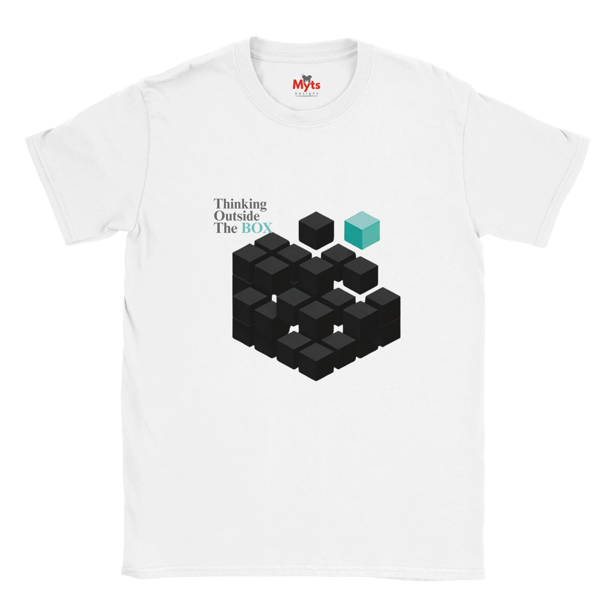 White t-shirt with black and blue geometric design and text on a white background