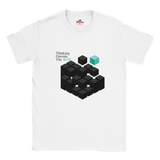 White t-shirt with black and blue geometric design and text on a white background