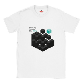 White t-shirt with black and blue geometric design and text on a white background