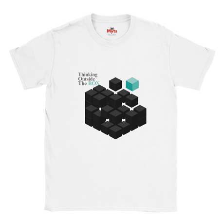 White t-shirt with black and blue geometric design and text on a white background