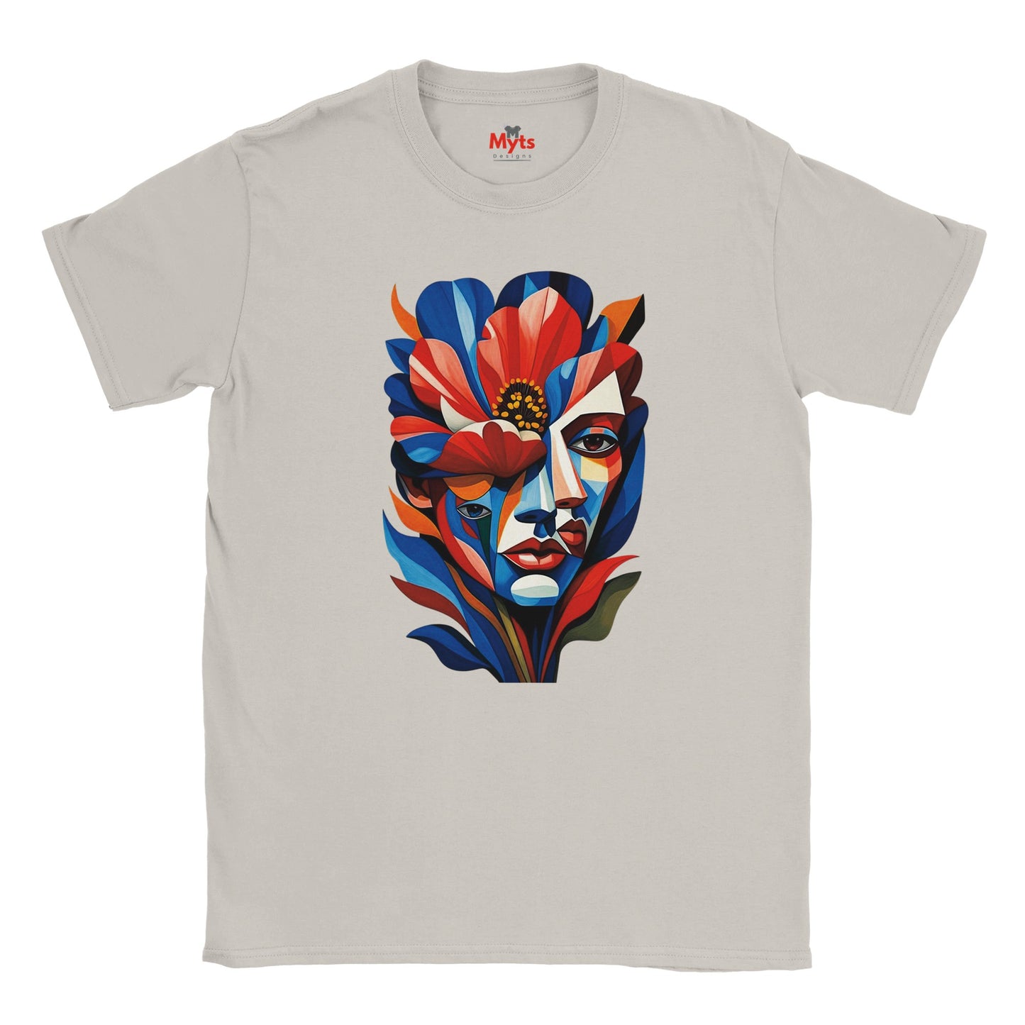 Ice Grey T-shirt featuring a colourful abstract floral face portrait with layered blue, red, coral and yellow geometric shapes, flowers and botanical leaves.