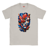 Ice Grey T-shirt featuring a colourful abstract floral face portrait with layered blue, red, coral and yellow geometric shapes, flowers and botanical leaves.