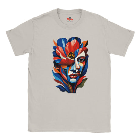 Ice Grey T-shirt featuring a colourful abstract floral face portrait with layered blue, red, coral and yellow geometric shapes, flowers and botanical leaves.