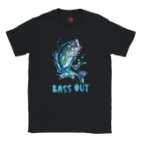 Black t-shirt with a blue bass graphic and 'BASS OUT' text on a white background