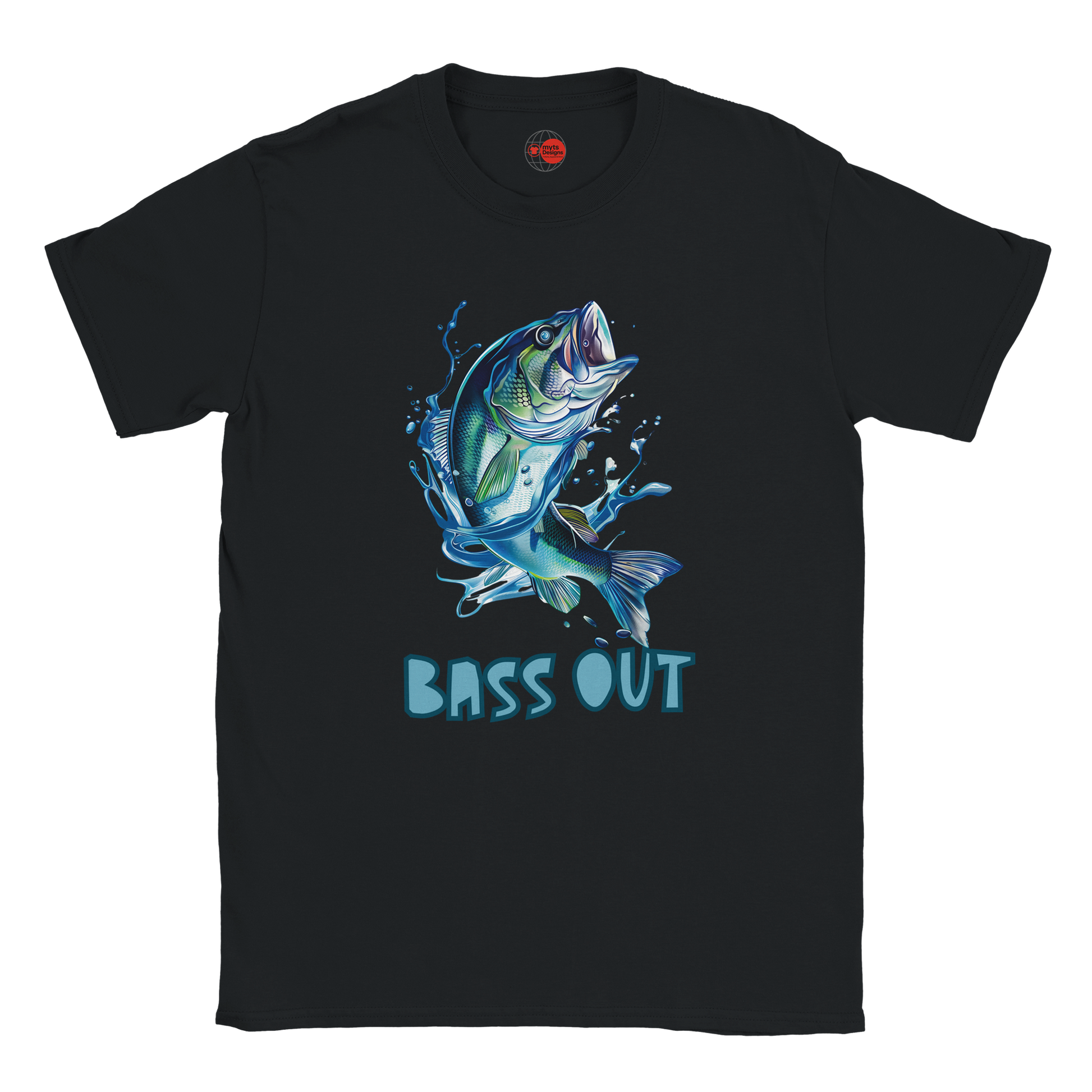 Black t-shirt with a blue bass graphic and 'BASS OUT' text on a white background
