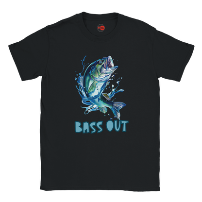Black t-shirt with a blue bass graphic and 'BASS OUT' text on a white background