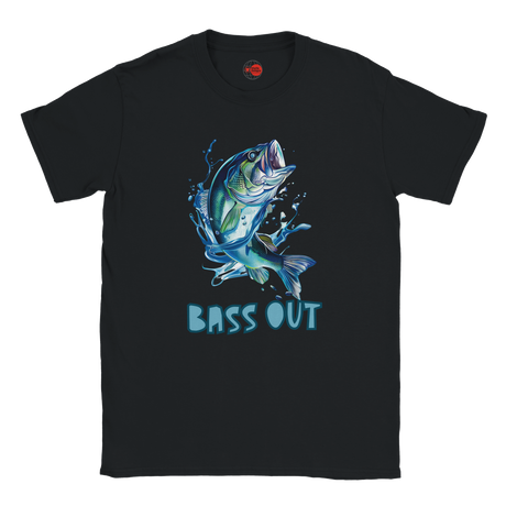 Black t-shirt with a blue bass graphic and 'BASS OUT' text on a white background