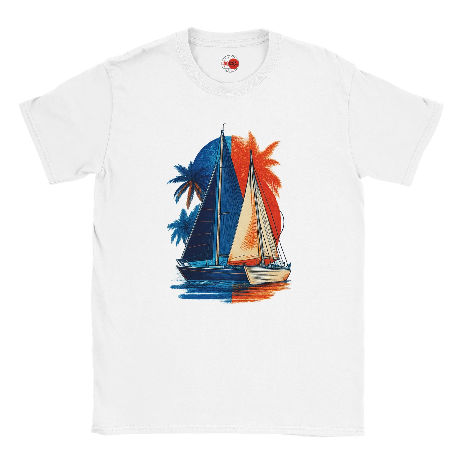 White t-shirt with a sailboat and palm tree design on a white background