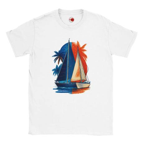 White t-shirt with a sailboat and palm tree design on a white background