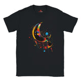 A black crew-neck t-shirt with a geometric space-inspired print featuring vivid colors and abstract designs.