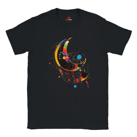 A black crew-neck t-shirt with a geometric space-inspired print featuring vivid colors and abstract designs.