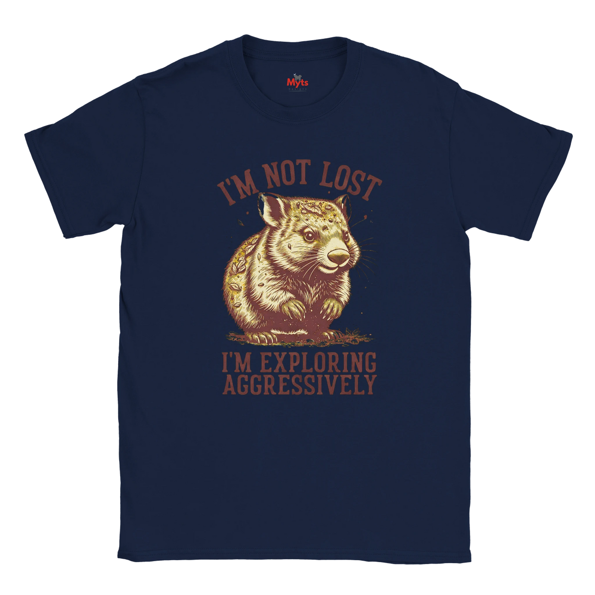 Navy blue t-shirt with a graphic of a Wombat and text on a white background