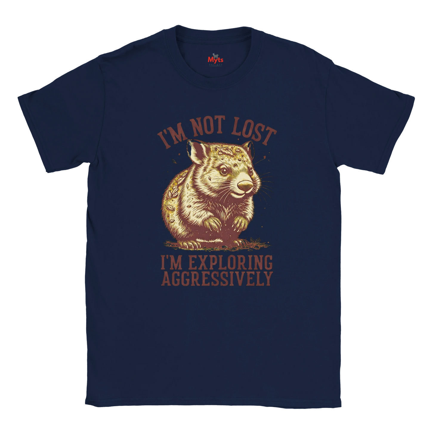 Navy blue t-shirt with a graphic of a Wombat and text on a white background