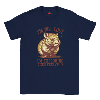 Navy blue t-shirt with a graphic of a Wombat and text on a white background