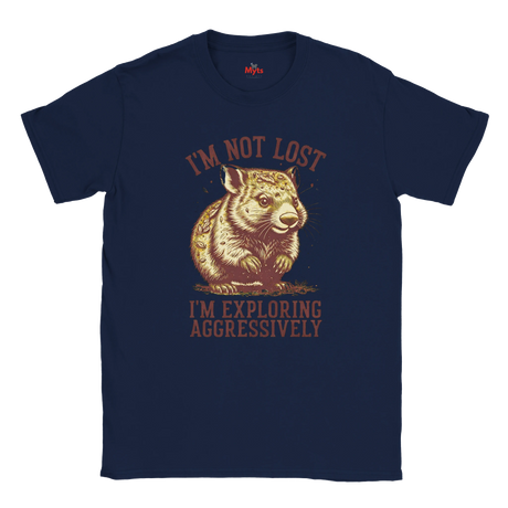 Navy blue t-shirt with a graphic of a Wombat and text on a white background